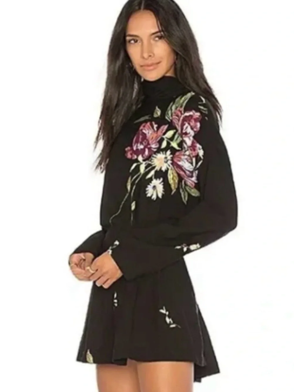 Free People Gemma Tunic Dress Small Black Floral Open Back Mini